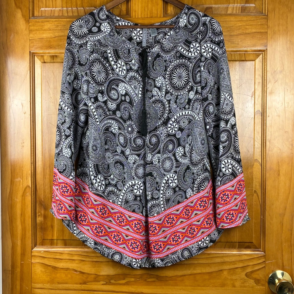 By Design‎ Womens M Paisley Tassel Tie Peasant Blouse Boho Eclectic Hippie Flowy